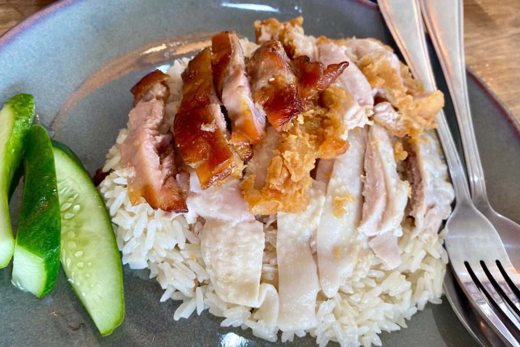 Grilled, boiled and fried chicken with rice - the combo meal with all 3 types of chicken.